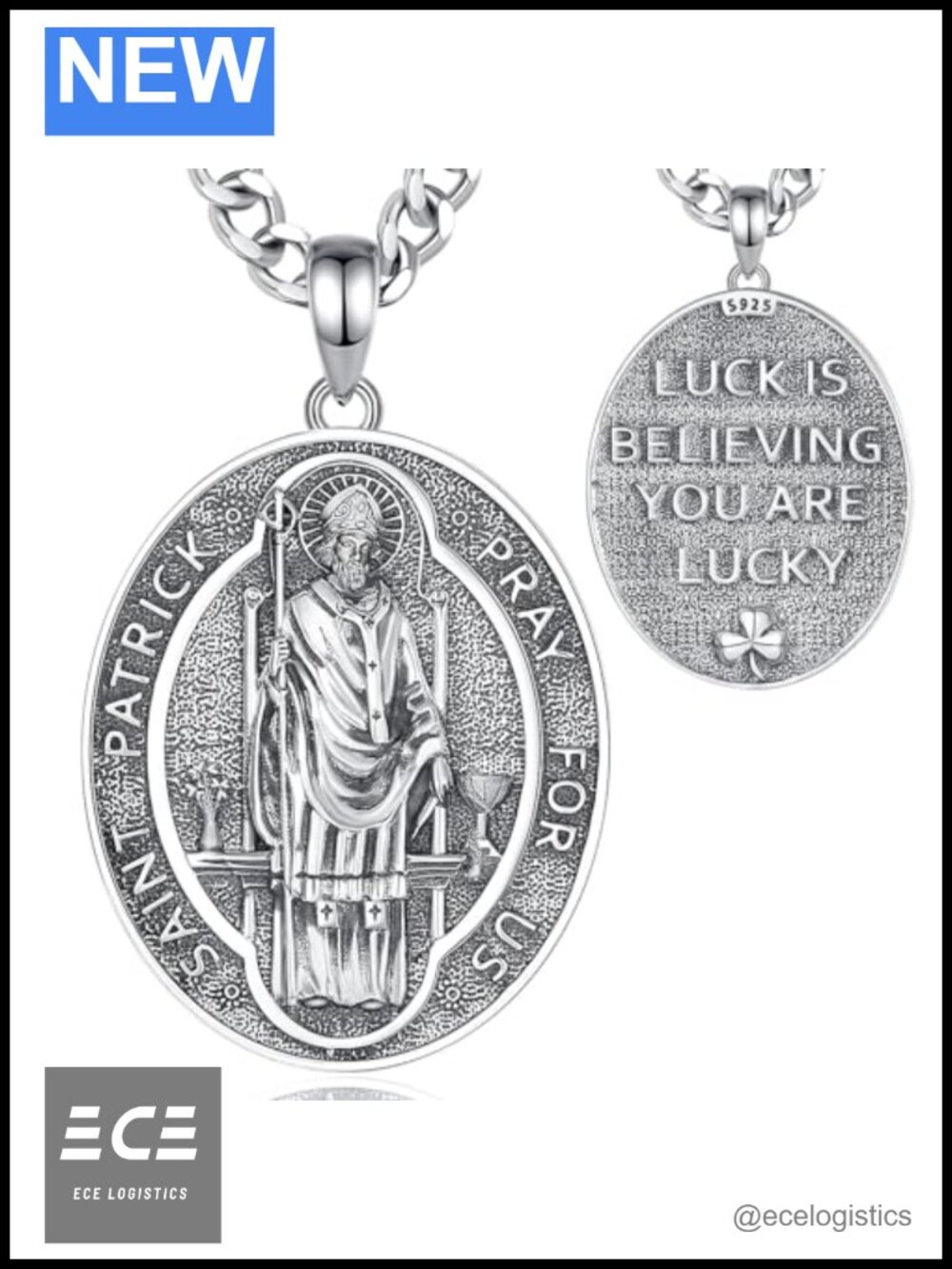 St Patrick Necklace 925 Sterling Silver Clover Pendant Medal Irish 22in